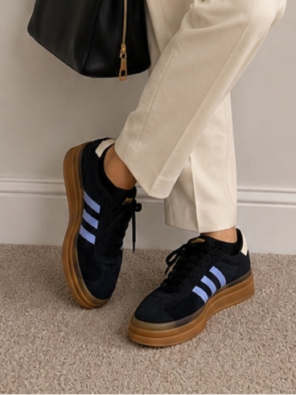 adidas Black and Light Blue Platform Sneakers with Gum Sole, fits like 6 - 6 1/2